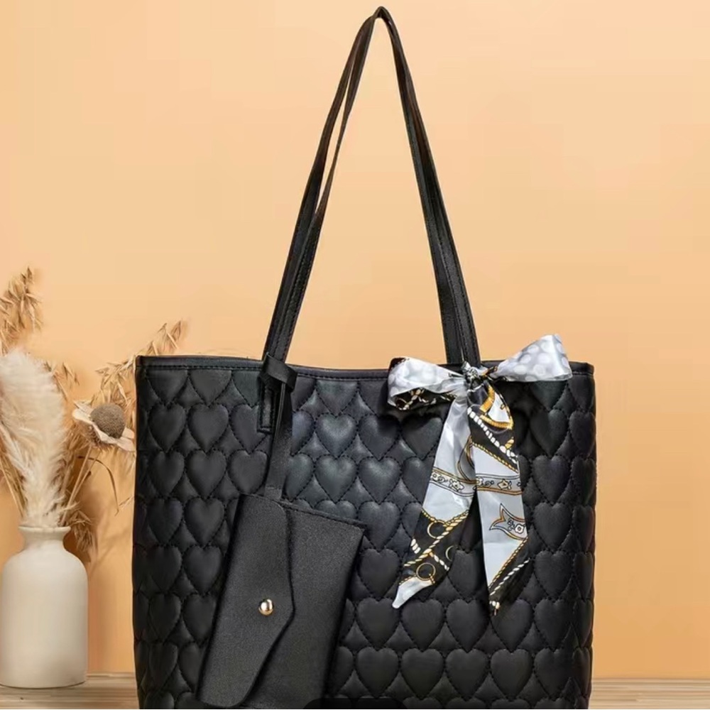 2pcs Simple Black Heart Pattern Quilted Tote Bag, Women's Shoulder Bag new